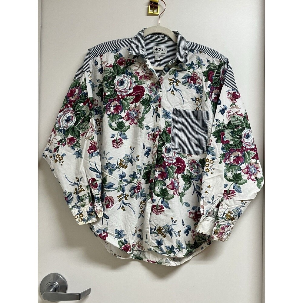 Vintage 90s Atlast Basics Floral Striped Button Down Shirt M 100% Cotton Nepal